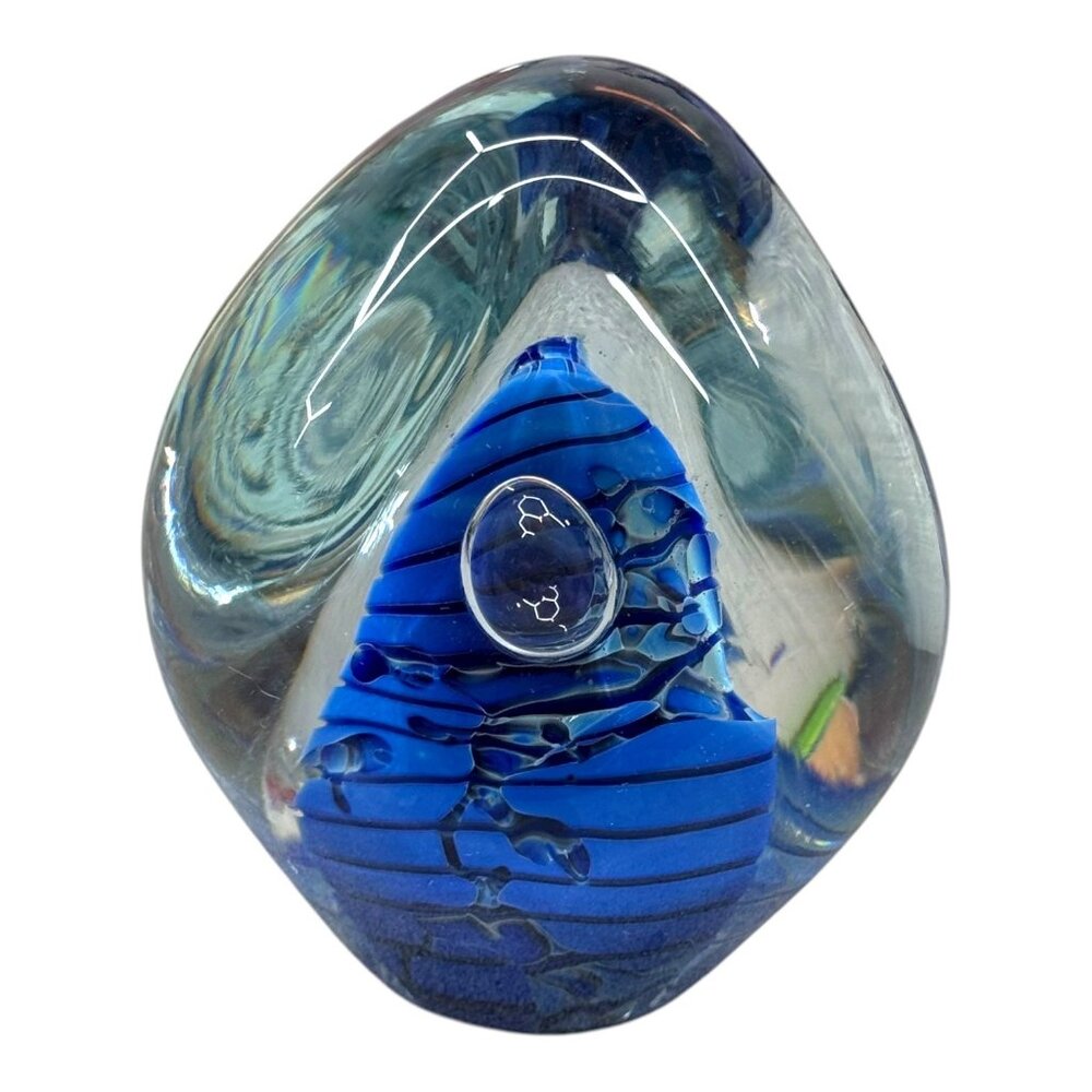 Blue Black Swirl Robert Eickholt Art Glass Blue Swirl Paperweight Signed 2000